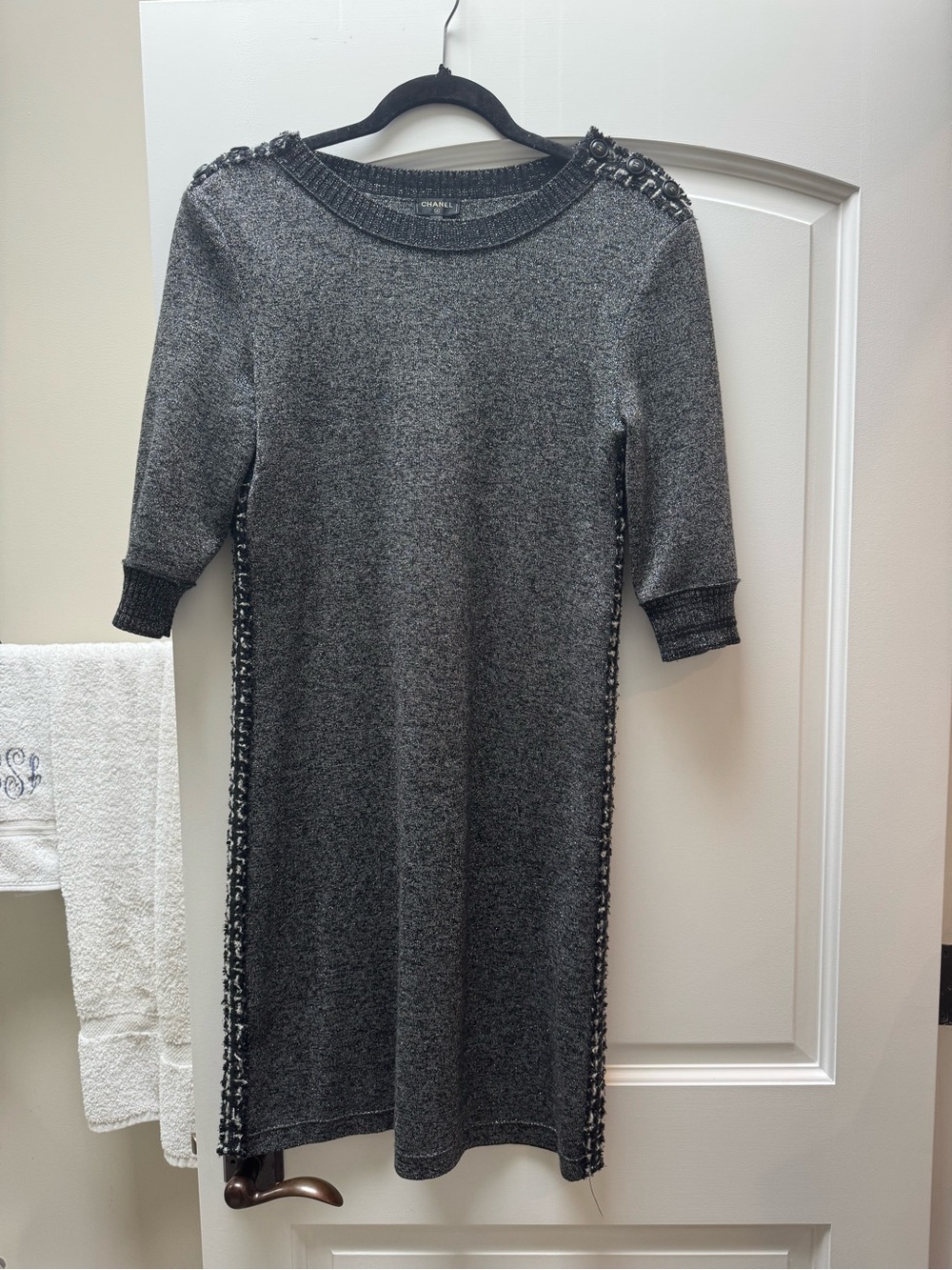 CHANEL 2017 Metallic Knit Tweed Trim Midi Dress Gray Silver IT 38